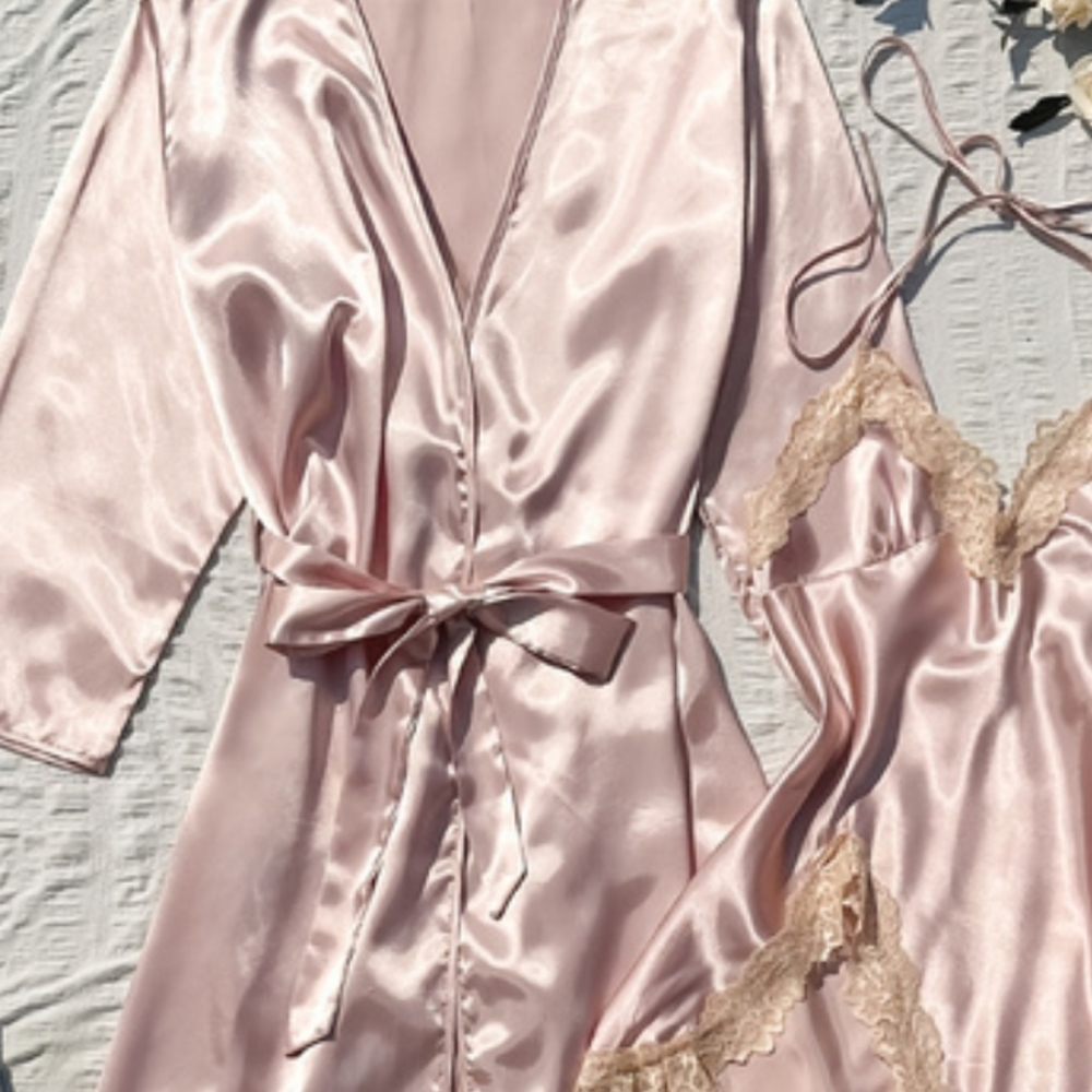 Pink Satin Robe & Cami Dress Set  Size L